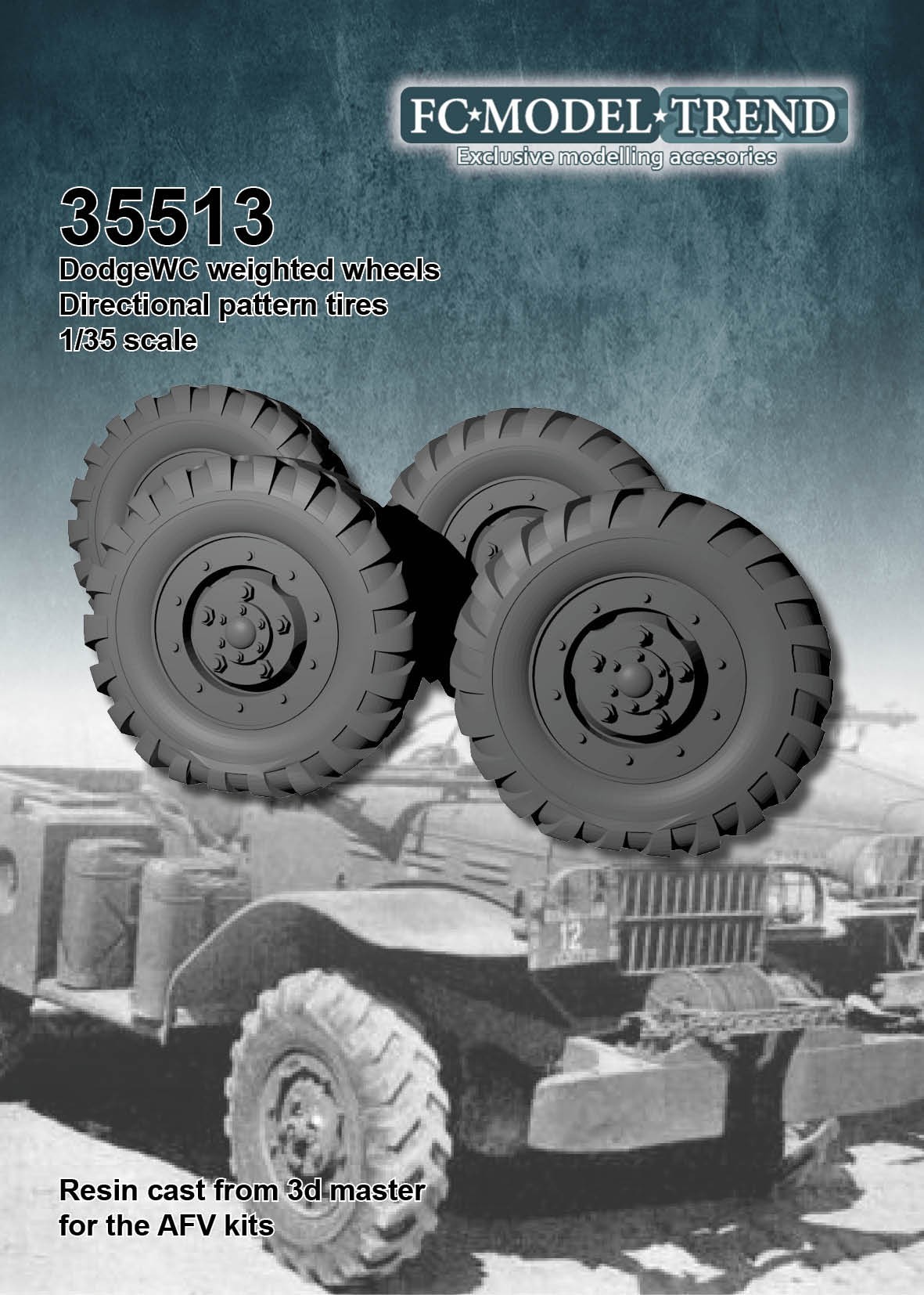 DodgeWC directional pattern tire wheels, resin cast 1/35 scale for the AFV kits.