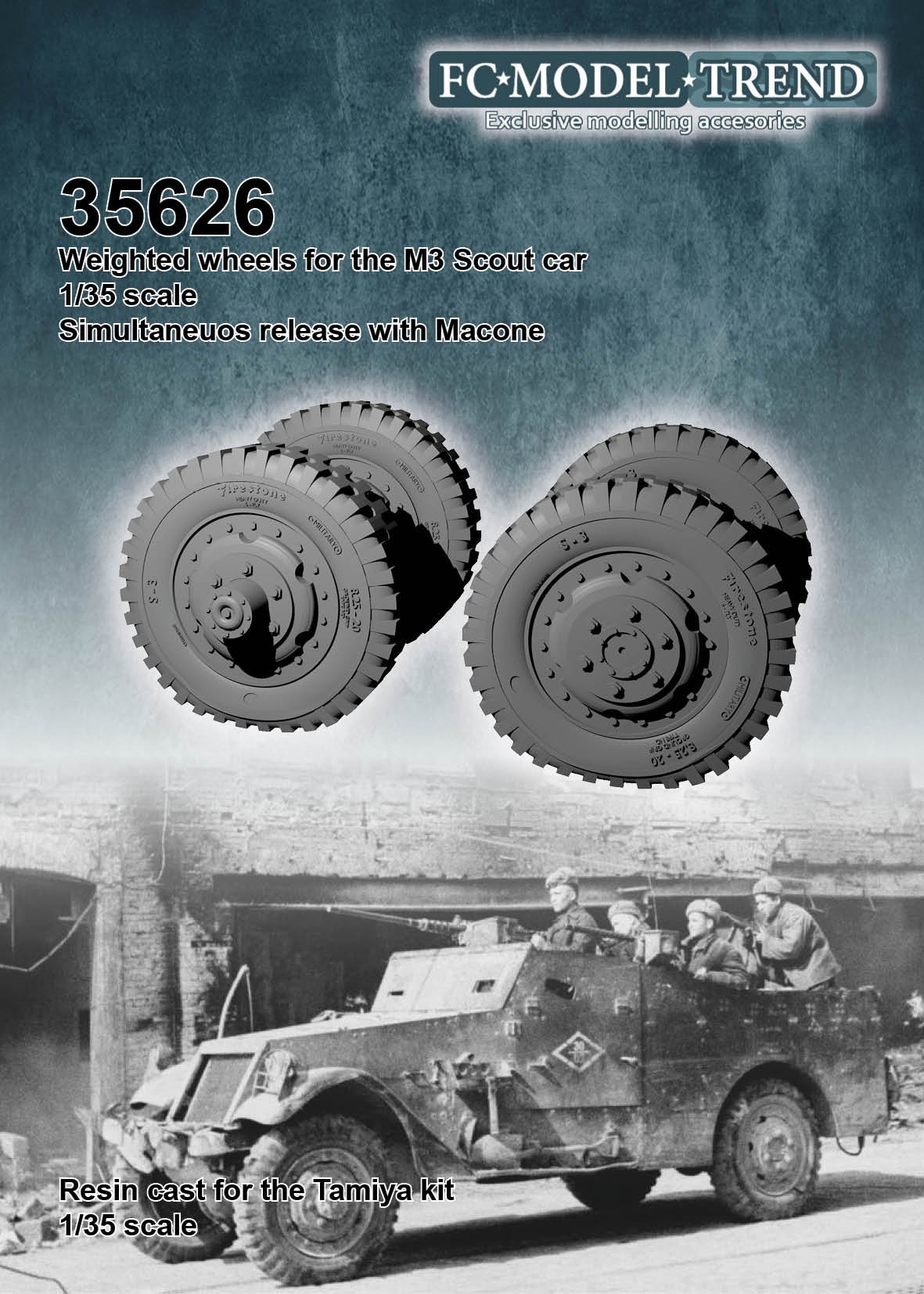 M3 scout car weighted wheels, resin cast 1/35 scale for the Tamiya kit