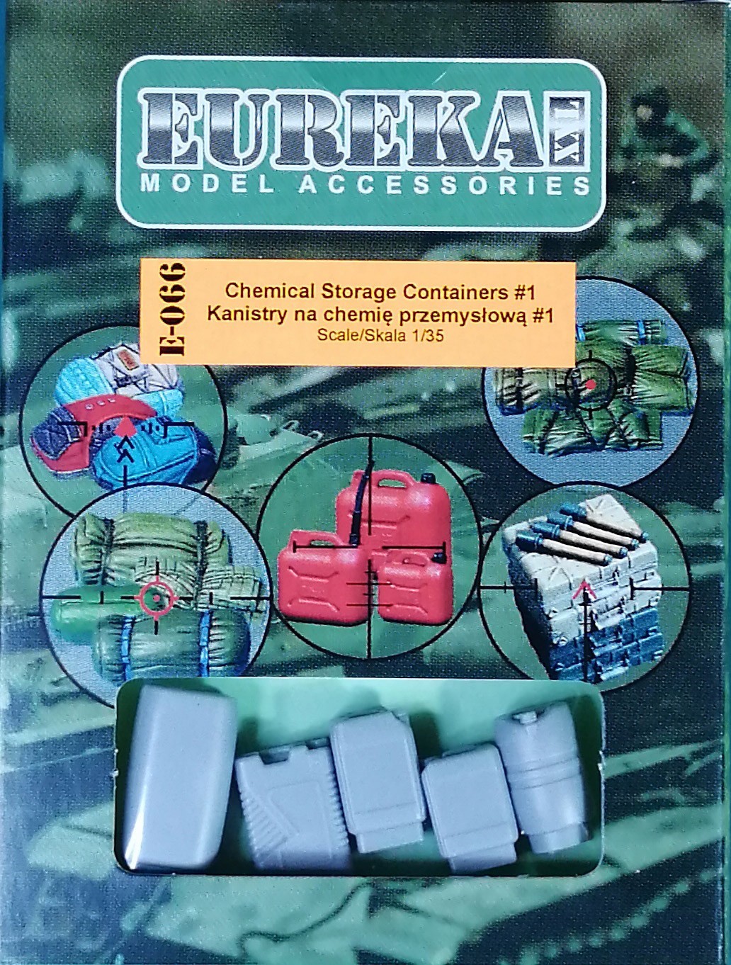 E-066 Chemical Storage Containers #1. Set contains 5 resin elements and decal sheet in 1/35 scale