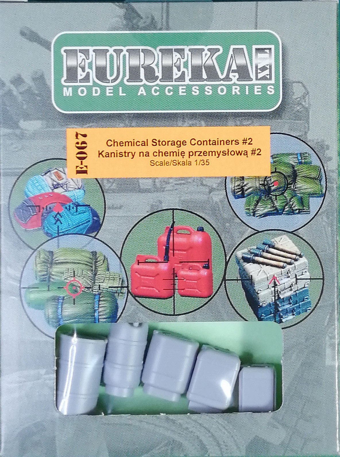 E-067 Chemical Storage Containers #2. Set contains 5 resin elements and decal sheet in 1/35 scale.