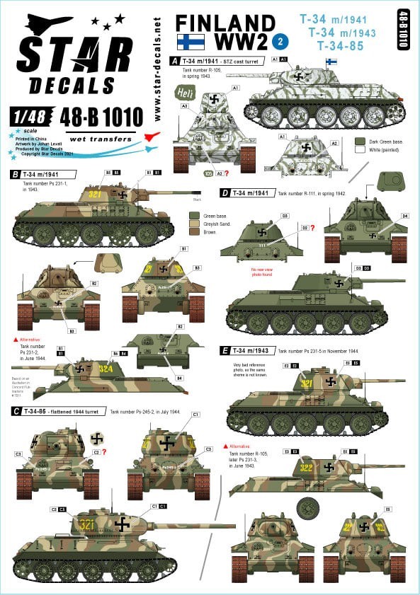 48-B1010 Finland WW2 #2. T-34 M/41, T-34 M/43 and T-34-85 Tanks.