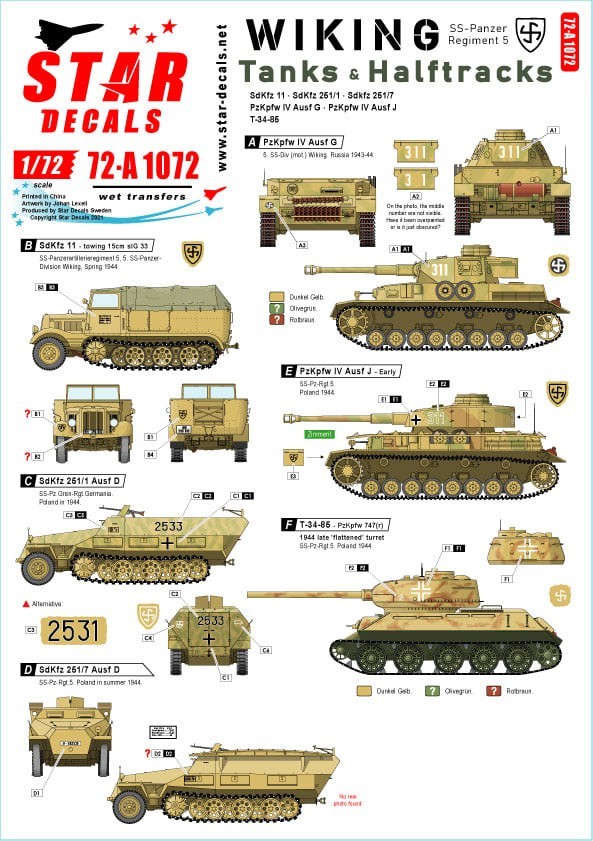 72-A1072 Wiking # 3. SS-Pz.Regient 5. Tanks & Halftracks. PzKpfw IV Ausf G and J, SdKfz 11, SdKfz 251 and T-34-85.