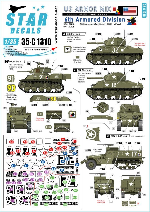 35-C1310 US Armored Mix # 3. 6th Armored Division in Europe. M4 Sherman, M5A1 Stuart and M3A1 Halftrack.