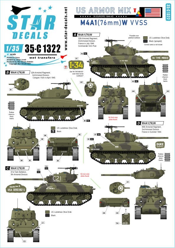 US Armor Mix # 5. M4A1 (76) W in Europe 1944-45. 32nd Armored Reg, 66th Armored Reg, 81st Tank Battalion