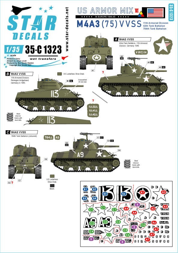 US Armor Mix # 6. M4A3 (75) W in Europe 1944-45. 11th Armored Div, 42th Tk Bn, 784th Tk Bn