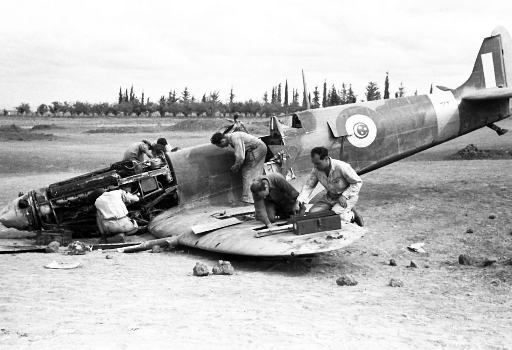 354: The airfield near Al-Majdal was also a target. This damaged Spitfire Mk.IX was left behind after it crashed landed.