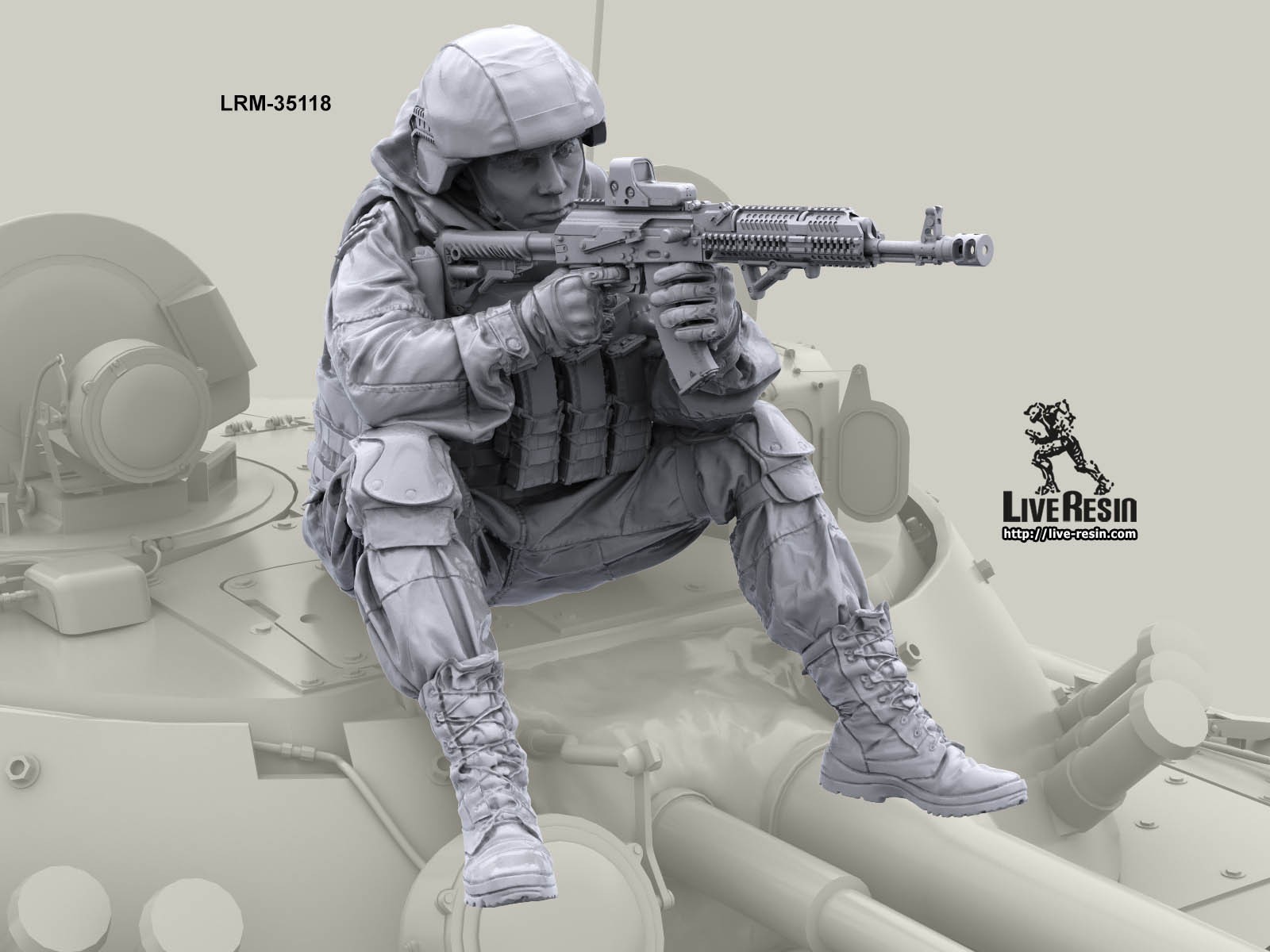 LRM-35118 Modern Russian soldier, riding on armor vehicle and shooting