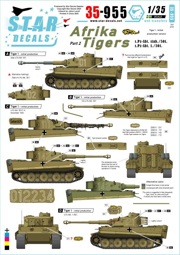 35-955 - REPRINTED  Afrika Tigers # 1. s.Pz-Abt. 501, generic white outlined turret numbers. Alwin, Norbert, Geiserich.