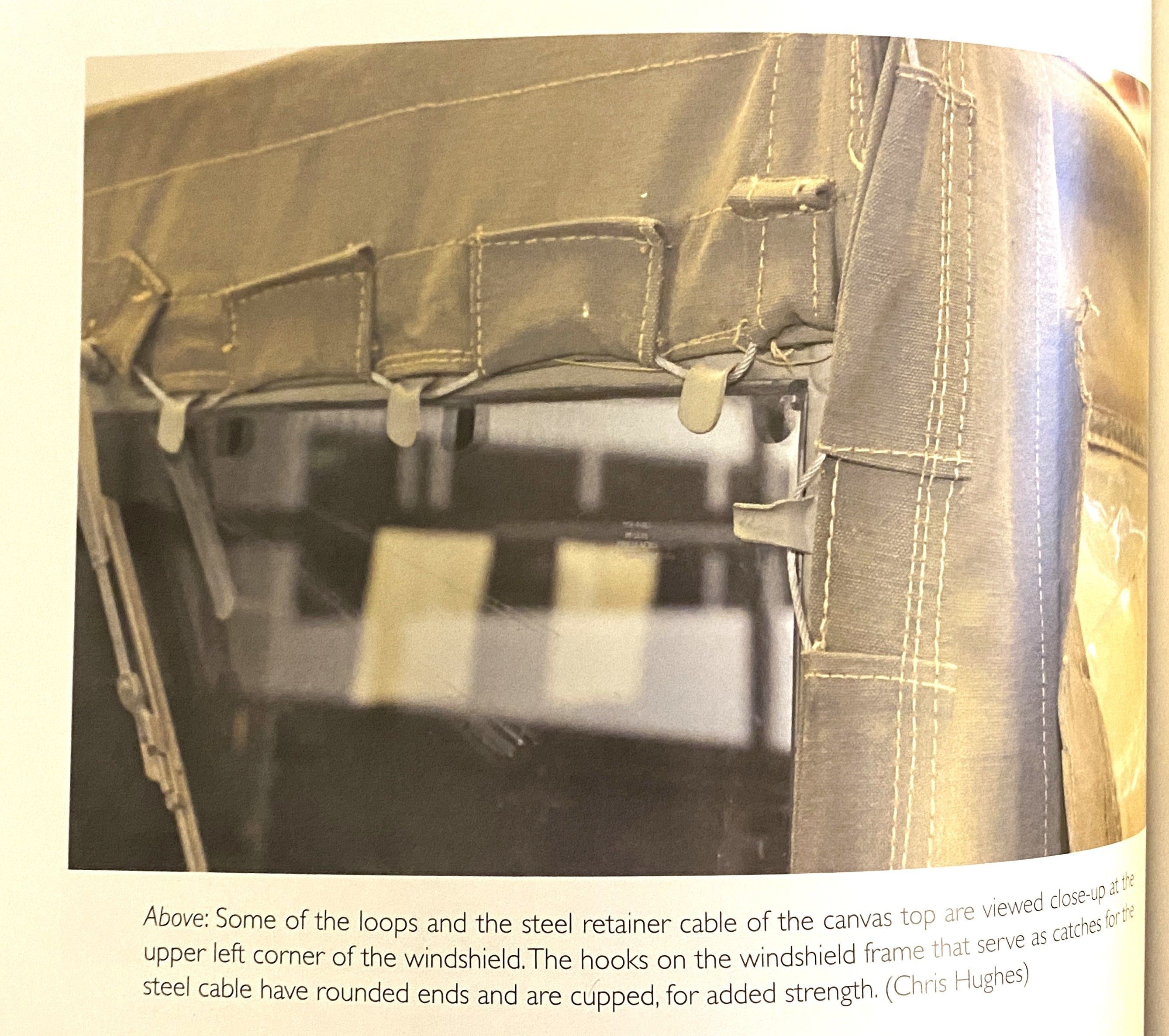 p. 62 showing the loops and steel retainer cable for the canvas top.