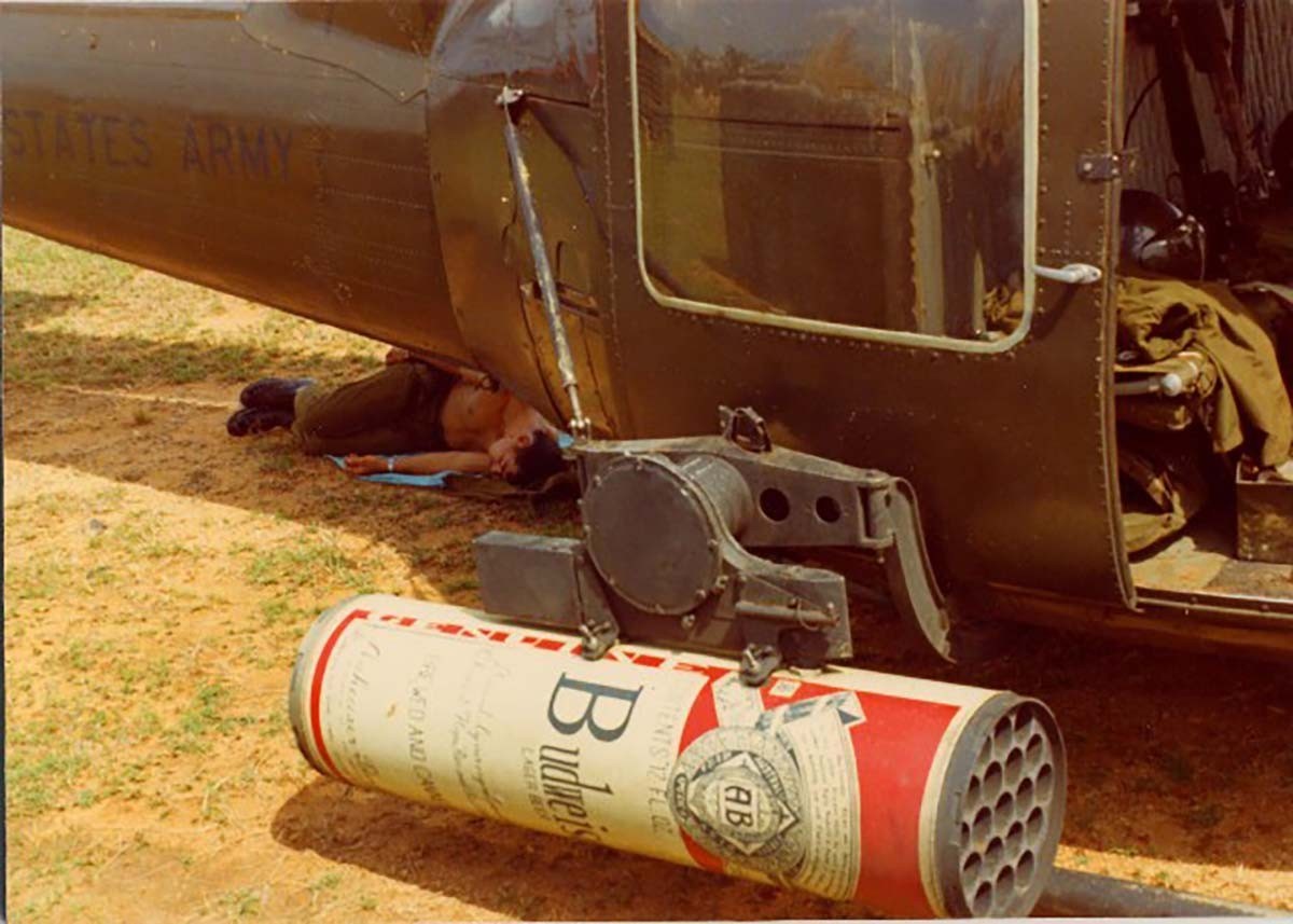 Denny Turner painted a Budweiser-themed rocket pod for UH-1 Huey in 1968 or 1969. Photo courtesy of Jim Koch. For illustration purposes only.