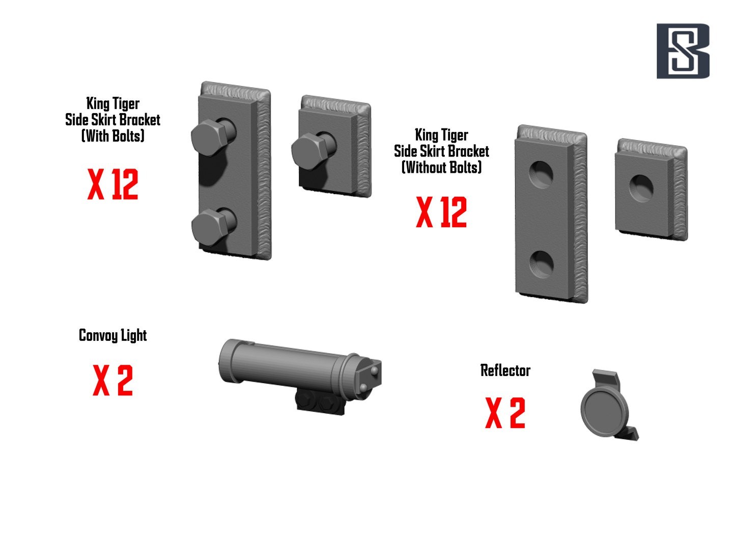 BSKC35026	King Tiger / Jagdtiger Side Skirt Brackets, Convoy Lights and Reflectors (for 2 tanks)