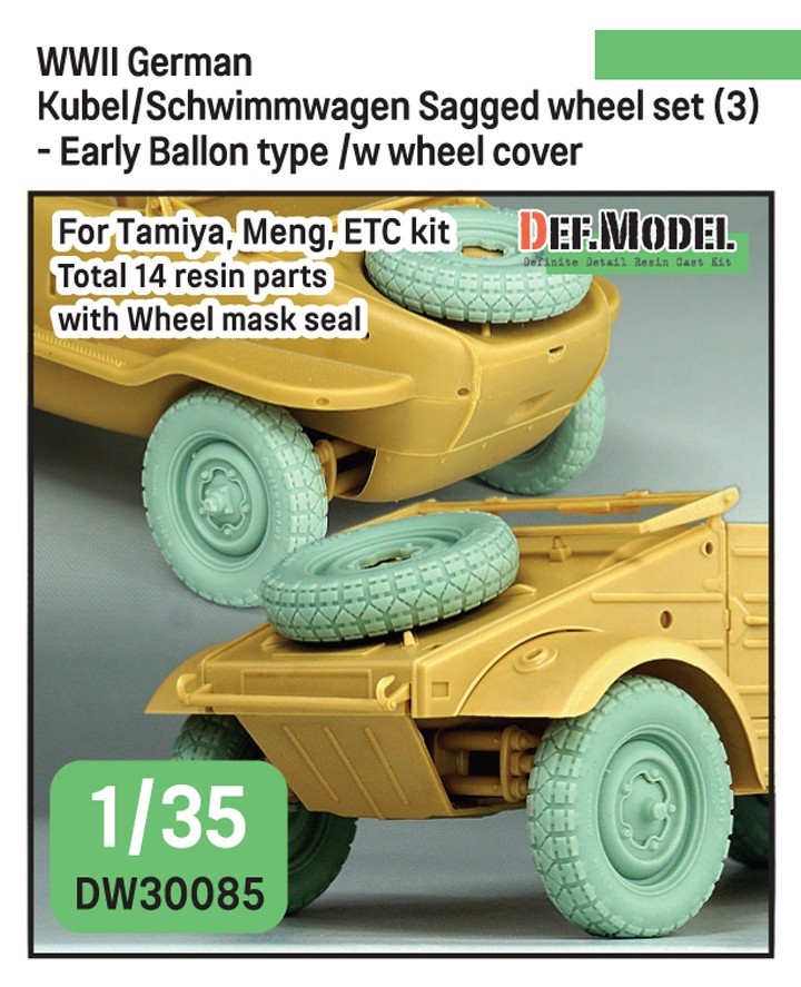 DW30085 WWII Kubel/Schwimmwagen Sagged wheel set (3) - Early Ballon type /w wheel cover