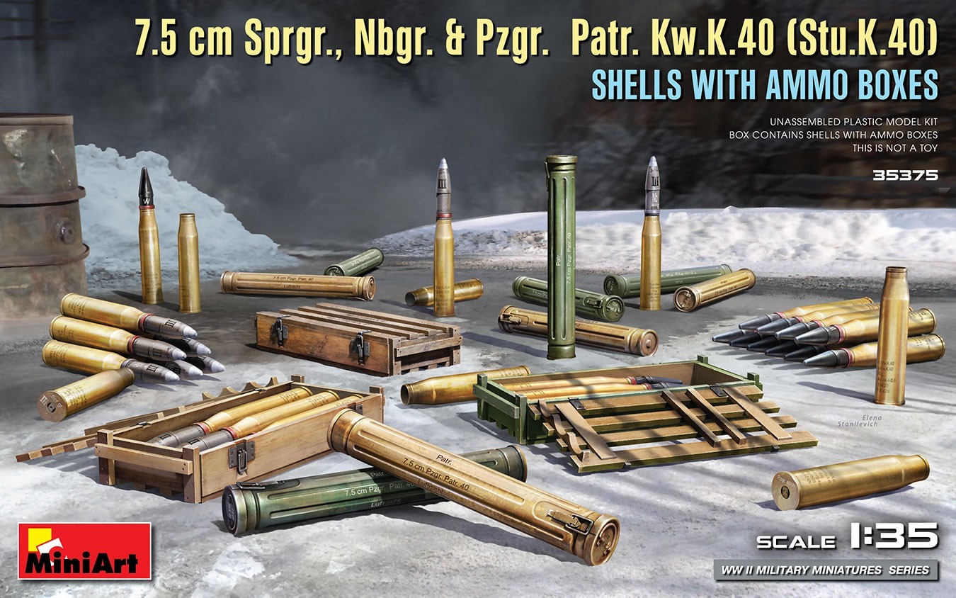 MiniArt 7.5 cm Sprgr., Nbgr. & Pzgr. Patr. Kw.K.40 (Stu.K.40) Shells With Ammo Boxes