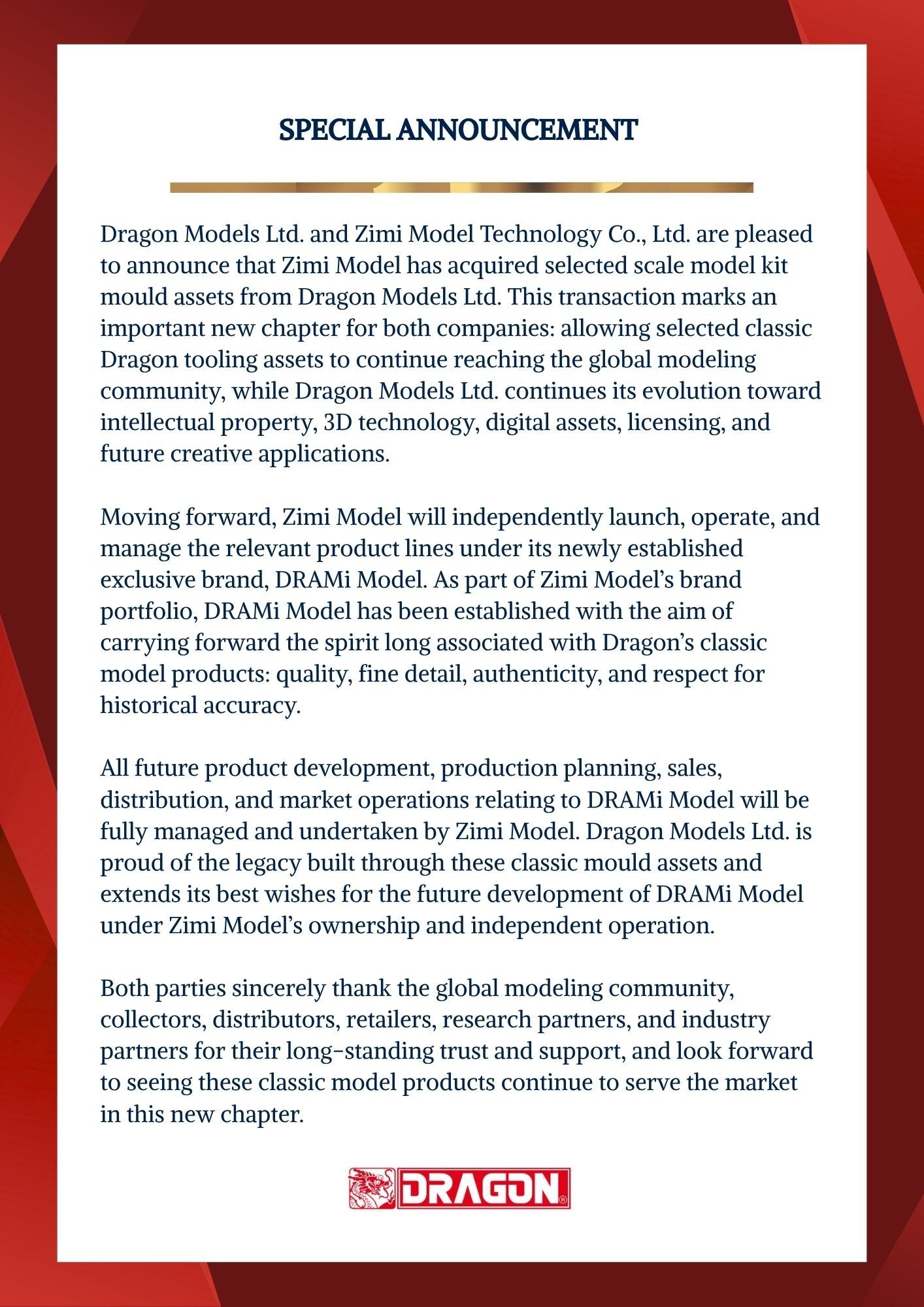 Dragon Models Ltd. and Zimi Model Agreement