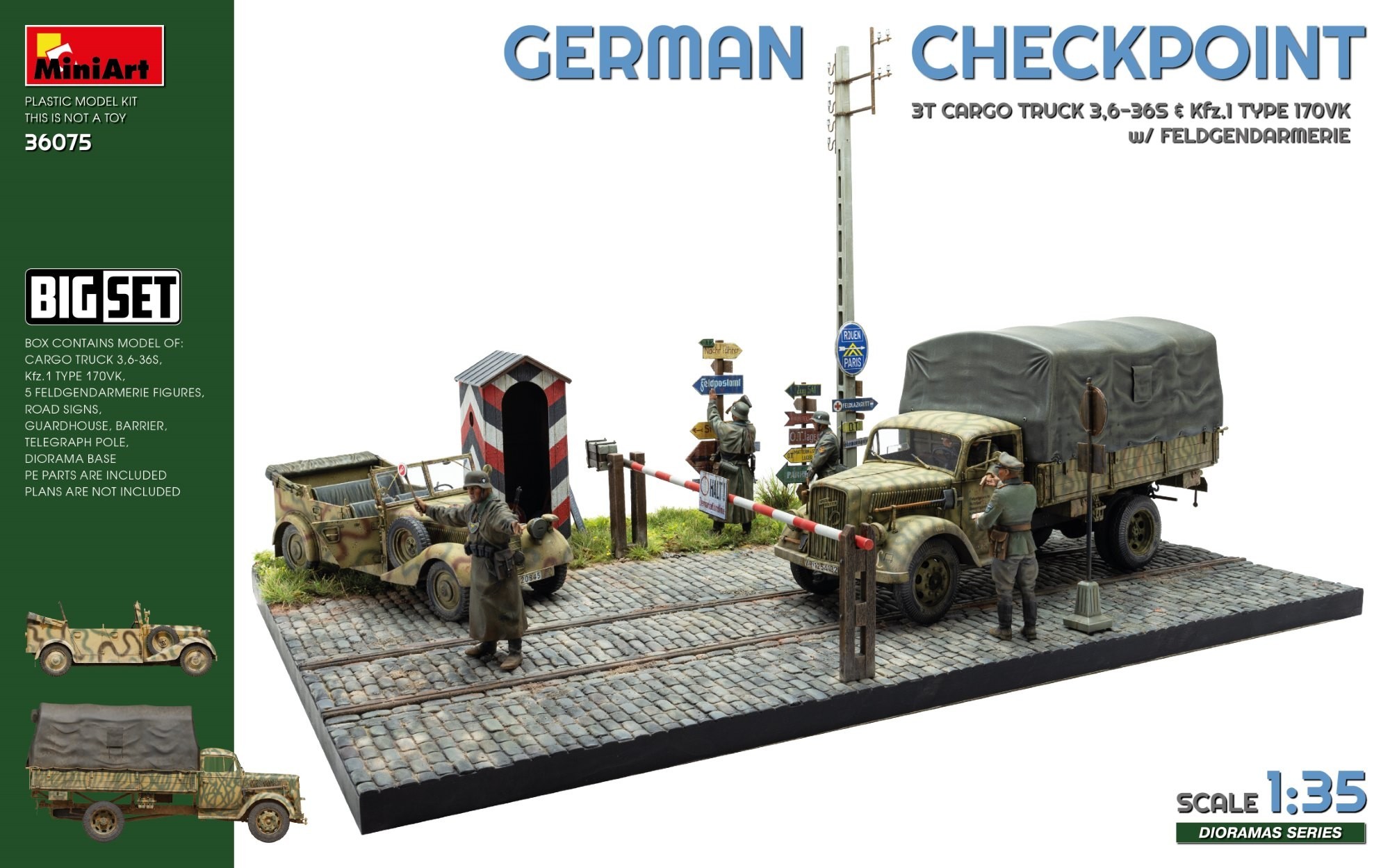 36075 GERMAN CHECKPOINT. 3T Cargo Truck 3,6-36S & Kfz.1 Type 170VK w/ Feldgendarmerie. BIG SET