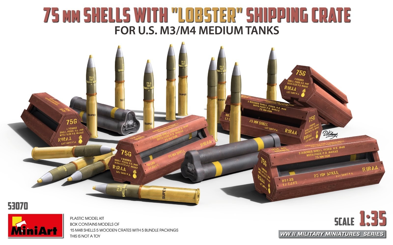 MiniArt:  75MM SHELLS WITH "LOBSTER" SHIPPING CRATE FOR U.S. M3/M4 MEDIUM TANKS